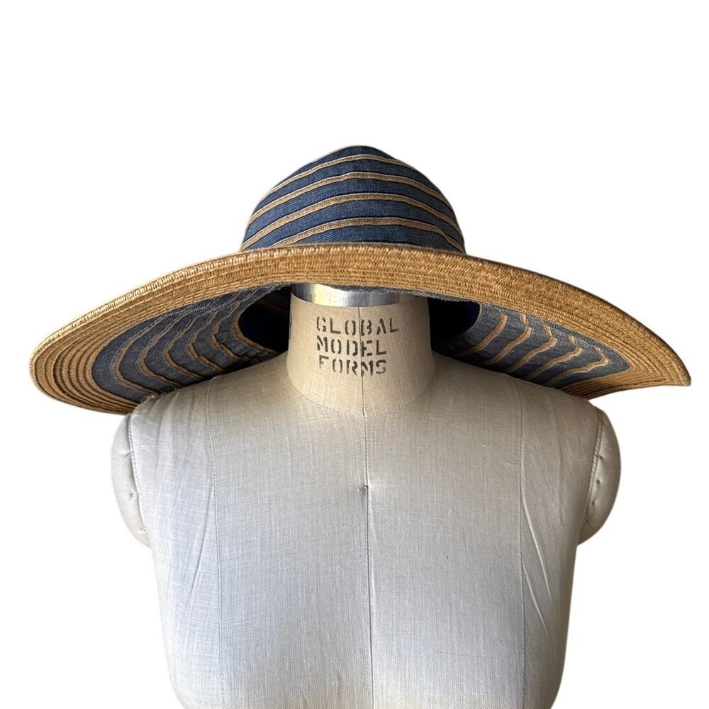 Scala Pronto Wide Brim Sun Hat in Blue and Tan Size Medium